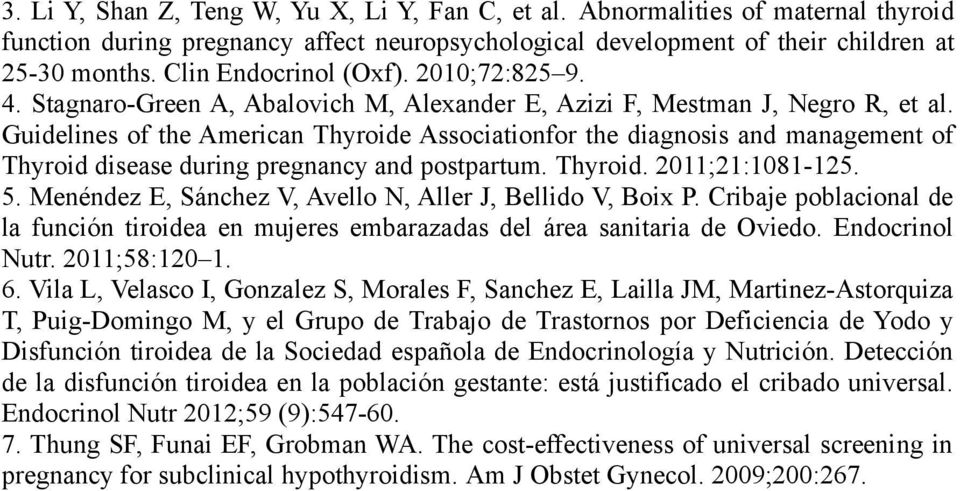 Guidelines of the American Thyroide Associationfor the diagnosis and management of Thyroid disease during pregnancy and postpartum. Thyroid. 2011;21:1081-125. 5.