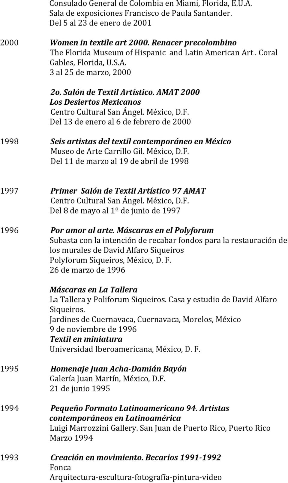 AMAT 2000 Los Desiertos Mexicanos Centro Cultural San Ángel. México, D.F. Del 13 de enero al 6 de febrero de 2000 1998 Seis artistas del textil contemporáneo en México Museo de Arte Carrillo Gil.