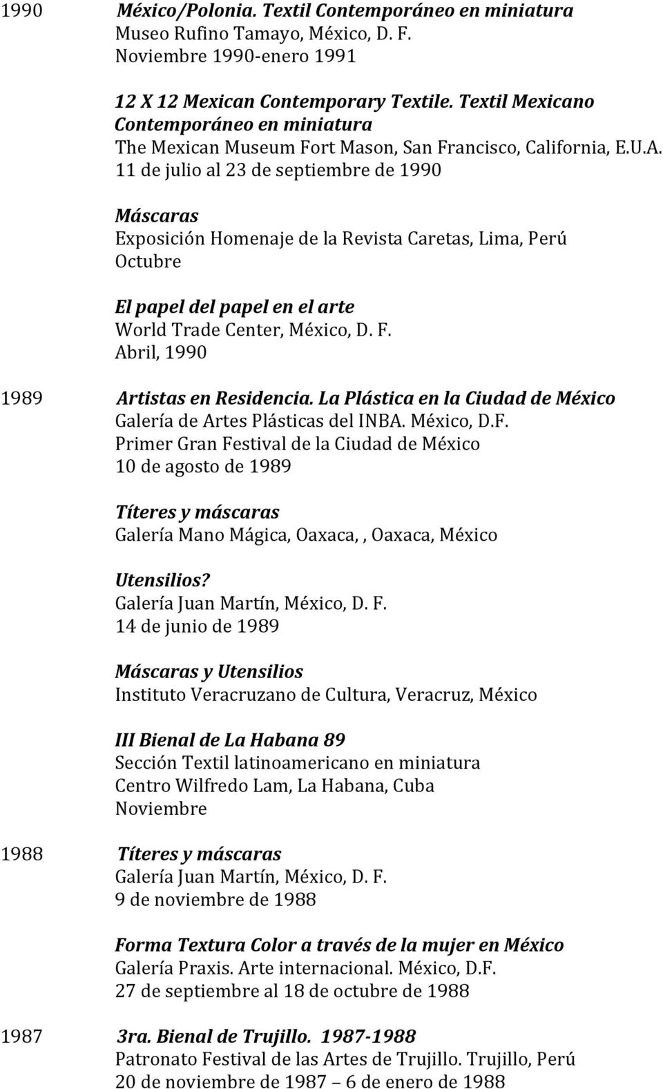 11 de julio al 23 de septiembre de 1990 Máscaras Exposición Homenaje de la Revista Caretas, Lima, Perú Octubre El papel del papel en el arte World Trade Center, México, D. F.