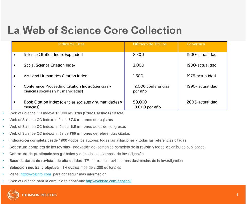 5 millones actos de congresos Web of Science CC indexa más de 760 millones de referencias citadas Indexación completa desde 1900 -todos los autores, todas las afiliaciones y todas las referencias