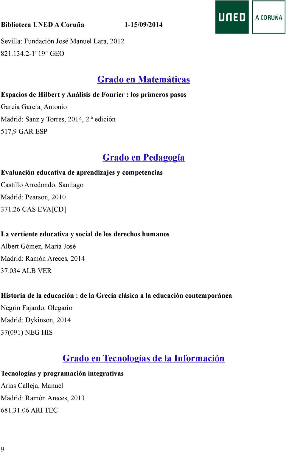 ª edición 517,9 GAR ESP Grado en Pedagogía Evaluación educativa de aprendizajes y competencias Castillo Arredondo, Santiago Madrid: Pearson, 2010 371.