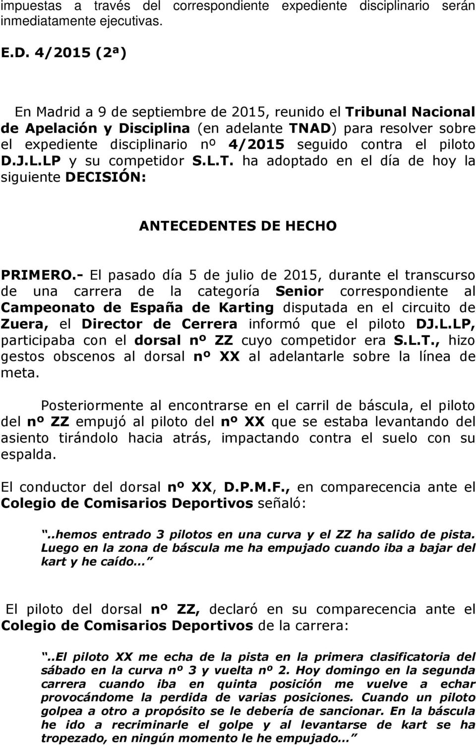 piloto D.J.L.LP y su competidor S.L.T. ha adoptado en el día de hoy la siguiente DECISIÓN: ANTECEDENTES DE HECHO PRIMERO.