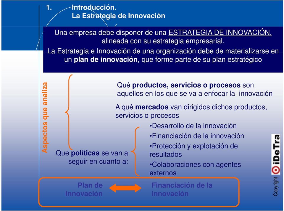 se van a seguir en cuanto a: Plan de Innovación Qué productos, servicios o procesos son aquellos en los que se va a enfocar la innovación A qué mercados van dirigidos i id