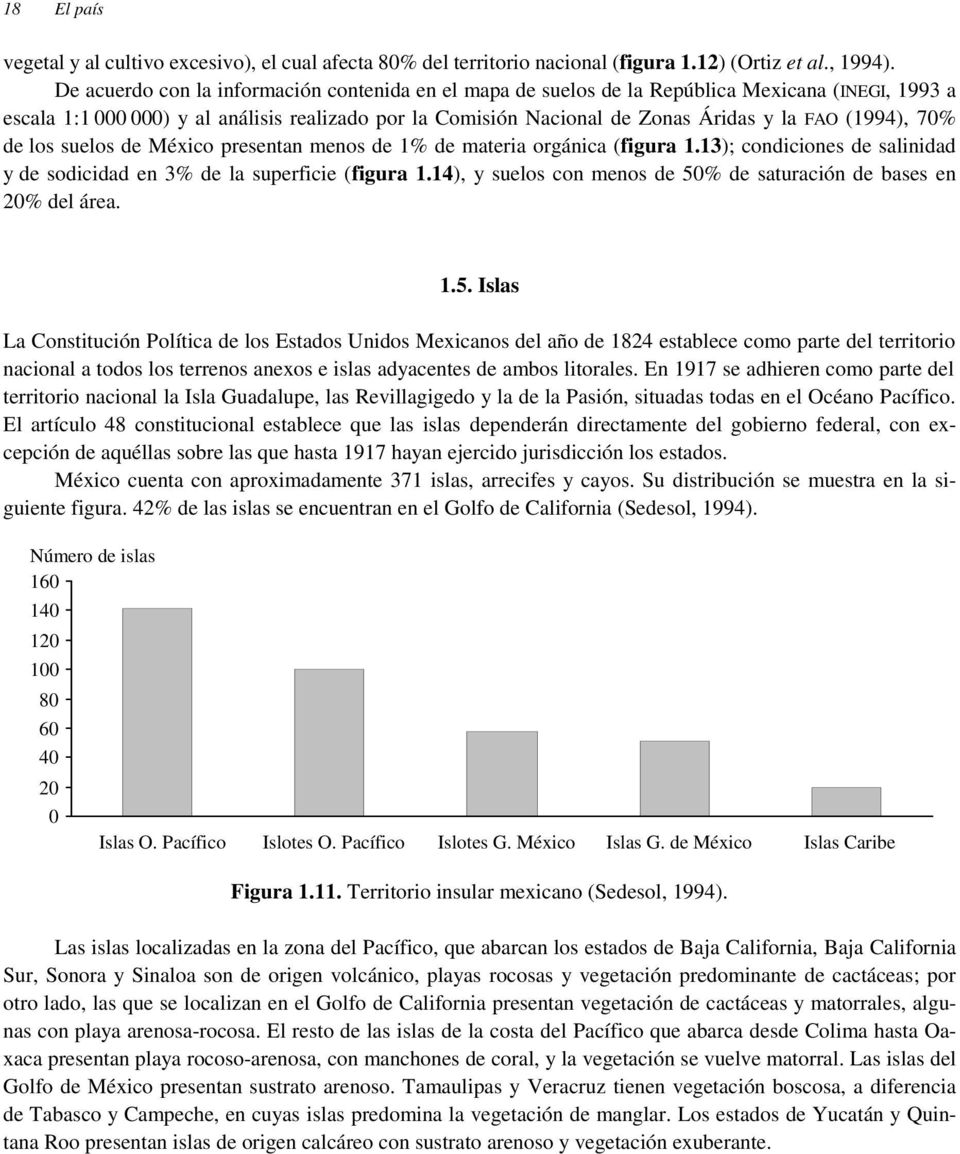 (1994), 70% de los suelos de México presentan menos de 1% de materia orgánica (figura 1.13); condiciones de salinidad y de sodicidad en 3% de la superficie (figura 1.