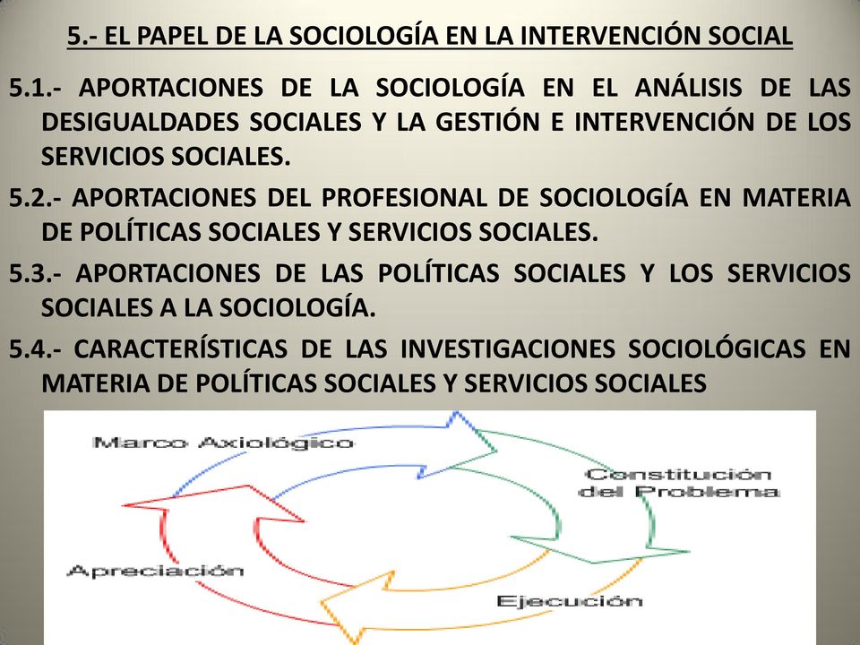 SOCIALES. 5.2.- APORTACIONES DEL PROFESIONAL DE SOCIOLOGÍA EN MATERIA DE POLÍTICAS SOCIALES Y SERVICIOS SOCIALES. 5.3.