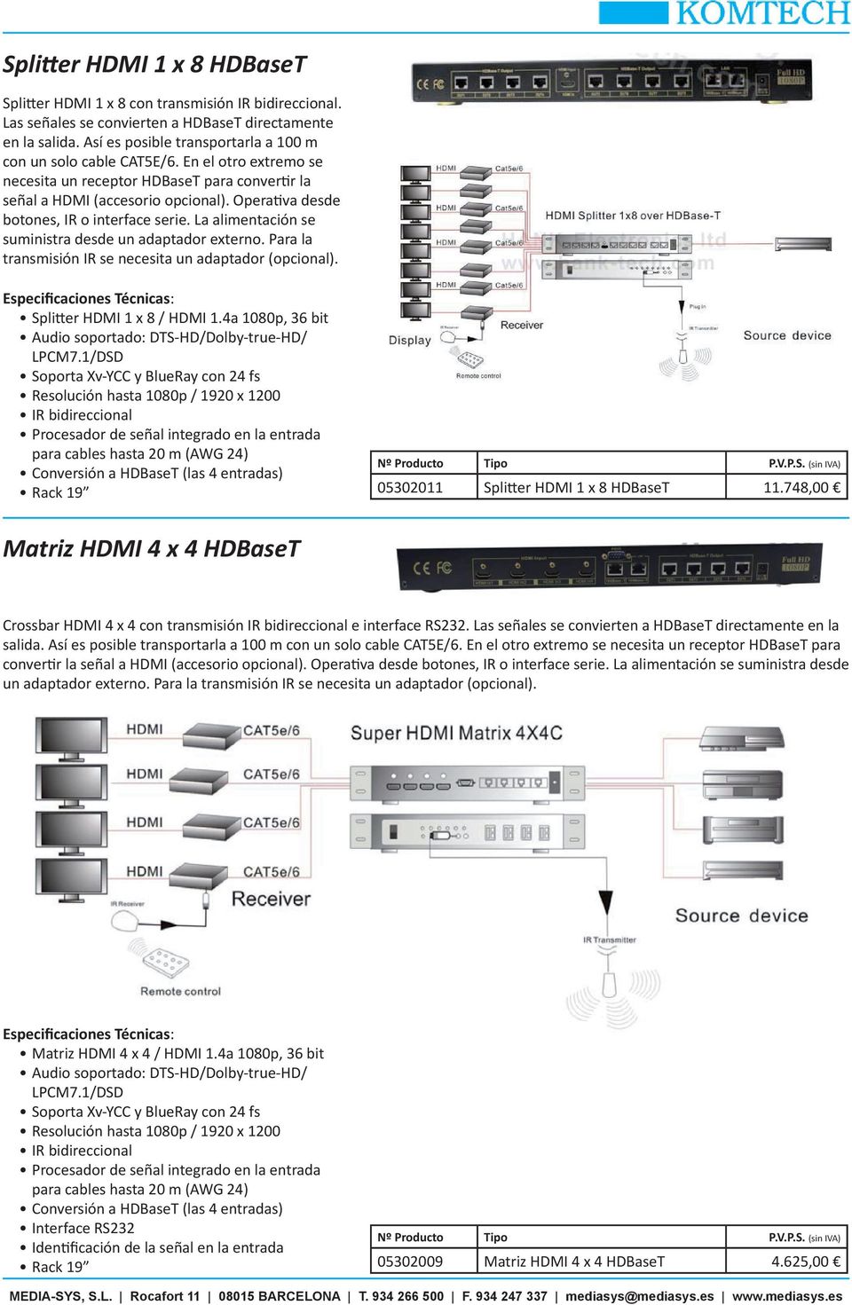 Operativa desde botones, IR o interface serie. La alimentación se suministra desde un adaptador externo. Para la transmisión IR se necesita un adaptador (opcional). Splitter HDMI 1 x 8 / HDMI 1.