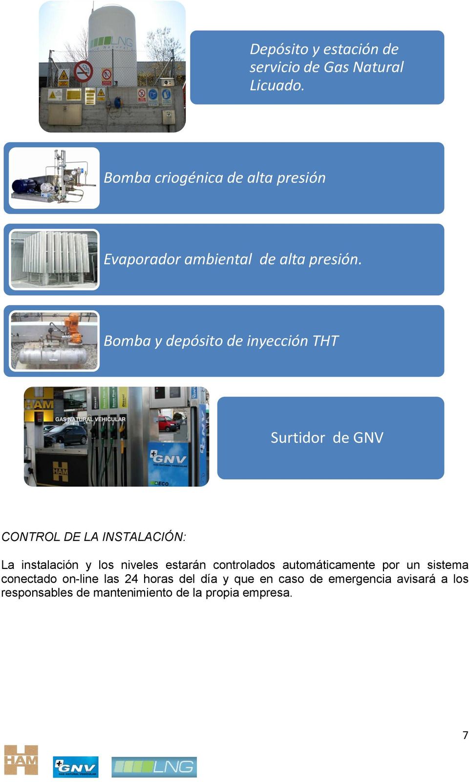 Bomba y depósito de inyección THT Surtidor de GNV CONTROL DE LA INSTALACIÓN: La instalación y los
