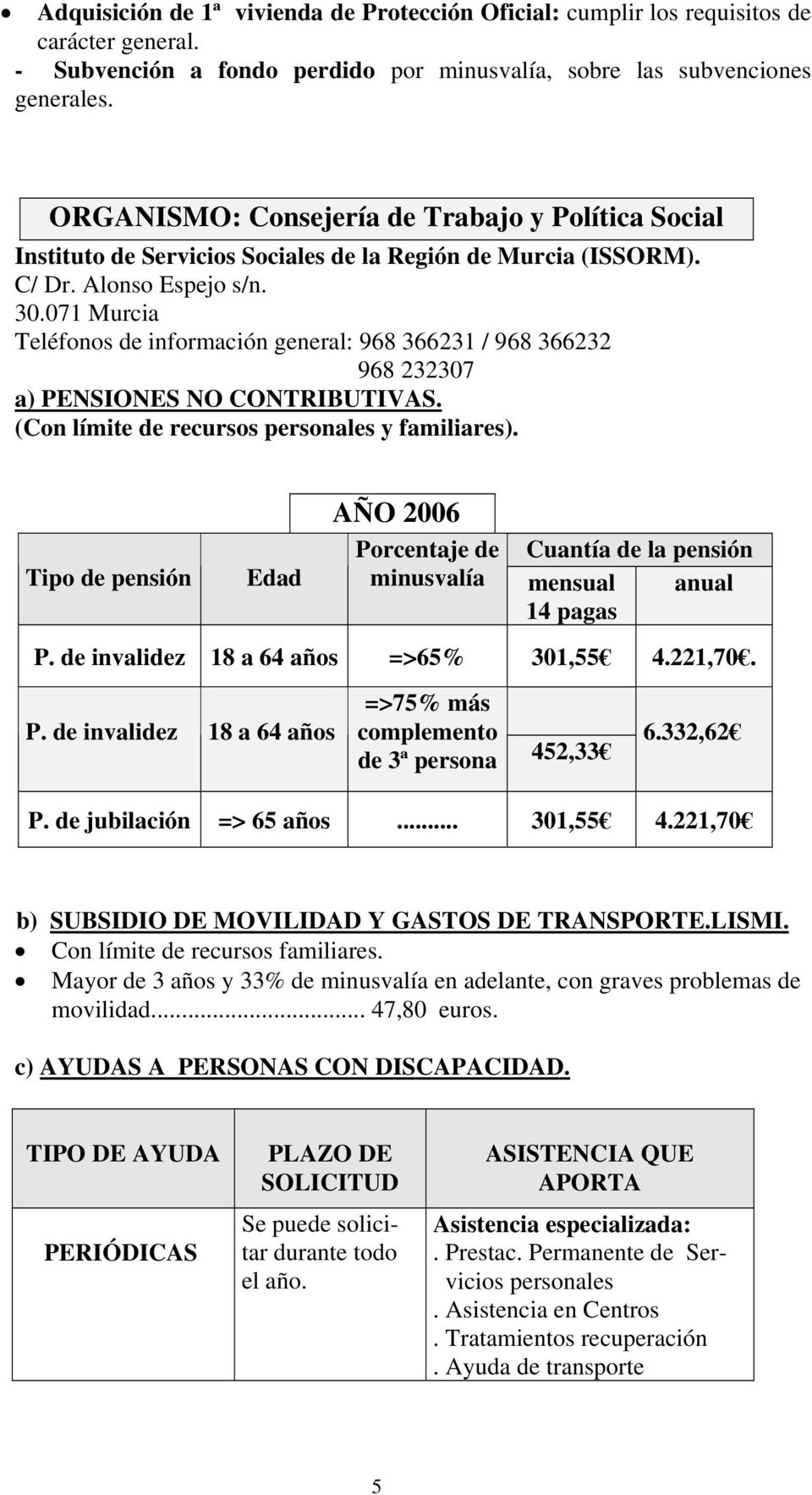 071 Murcia Teléfonos de información general: 968 366231 / 968 366232 968 232307 a) PENSIONES NO CONTRIBUTIVAS. (Con límite de recursos personales y familiares).