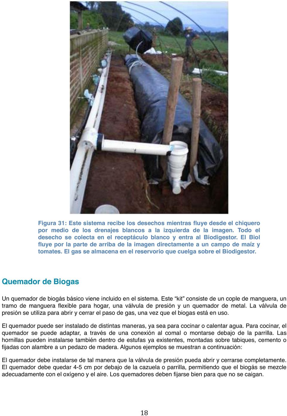 El gas se almacena en el reservorio que cuelga sobre el Biodigestor. Quemador de Biogas Un quemador de biogás básico viene incluido en el sistema.
