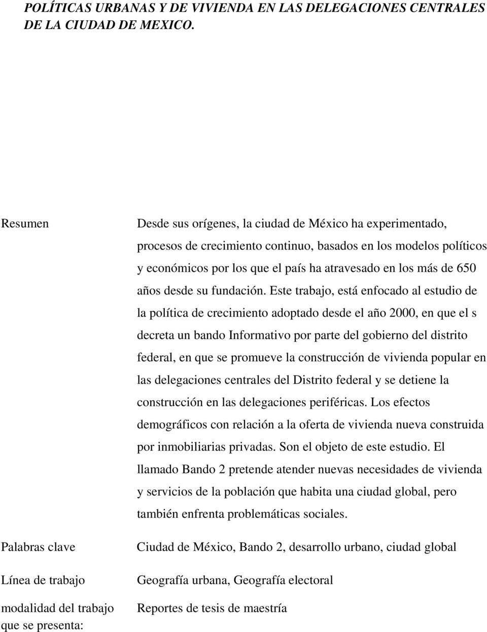 Social, UNAM Correo electrónico Resumen Palabras clave Línea de trabajo modalidad del trabajo que se presenta: galopeze@mexico.