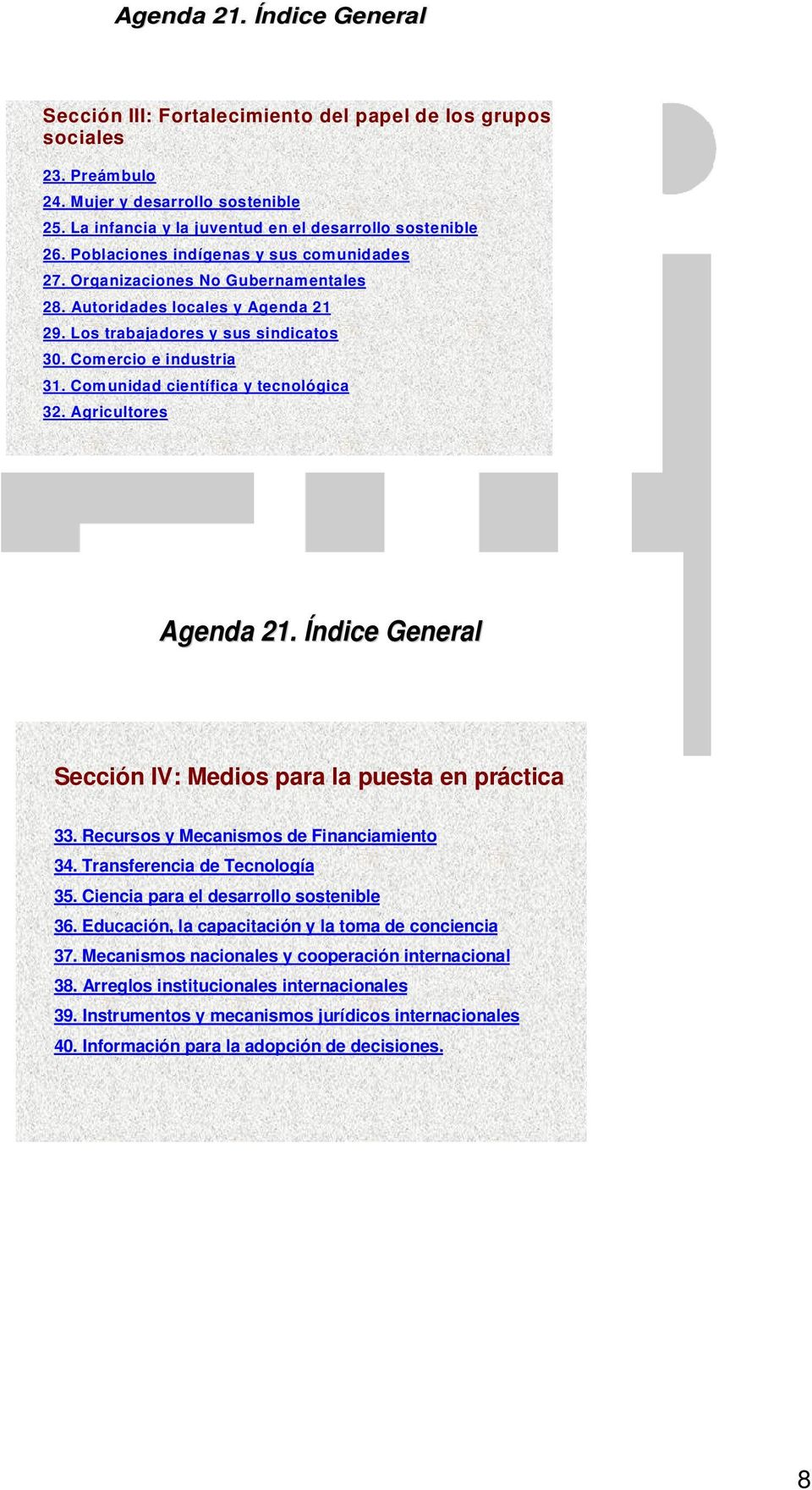 Comunidad científica y tecnológica 32. Agricultores Agenda 21. Índice General Sección IV: Medios para la puesta en práctica 33. Recursos y Mecanismos de Financiamiento 34.