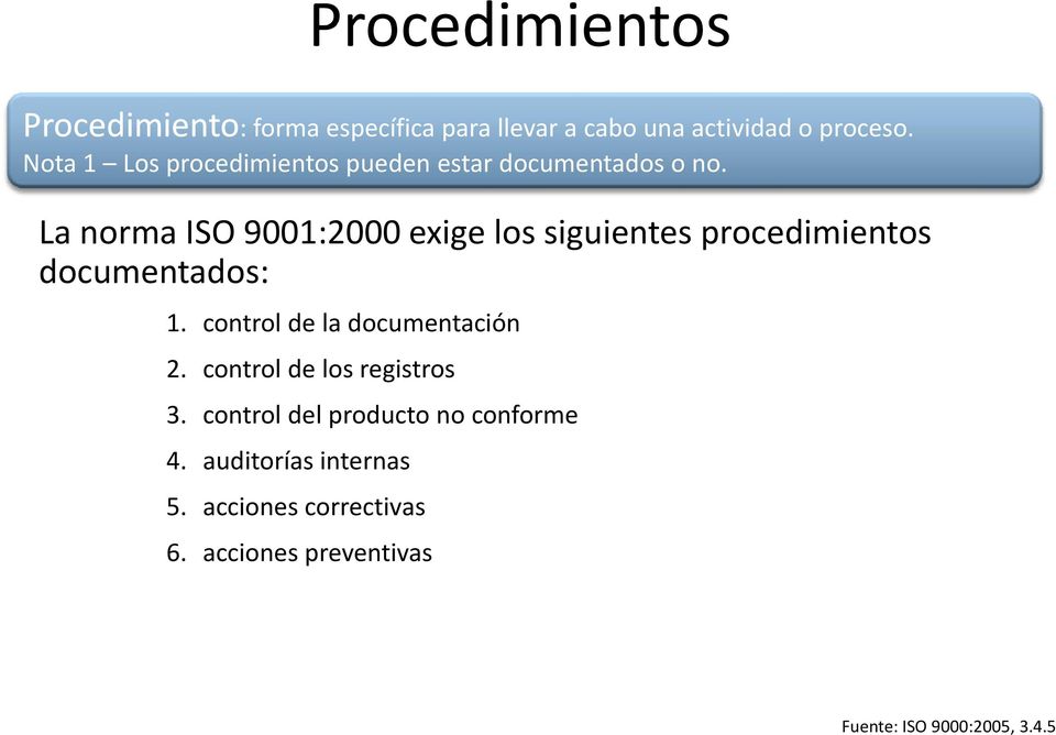 La norma ISO 9001:2000 exige los siguientes procedimientos documentados: 1. control de la documentación 2.