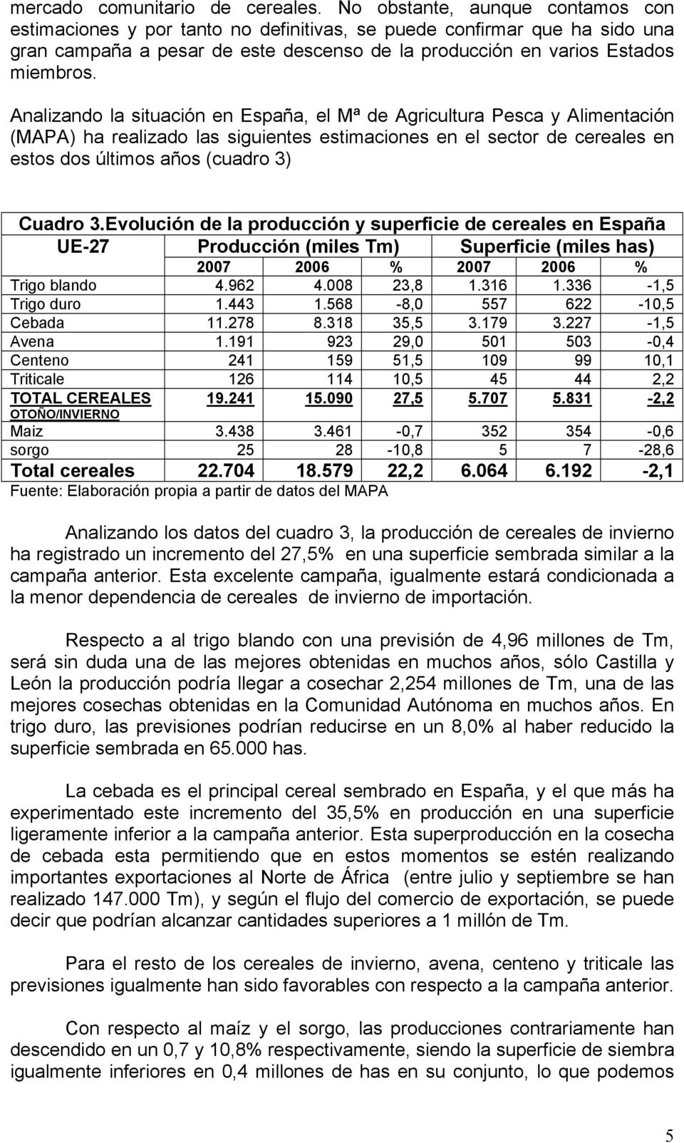 Analizando la situación en España, el Mª de Agricultura Pesca y Alimentación (MAPA) ha realizado las siguientes estimaciones en el sector de cereales en estos dos últimos años (cuadro 3) Cuadro 3.