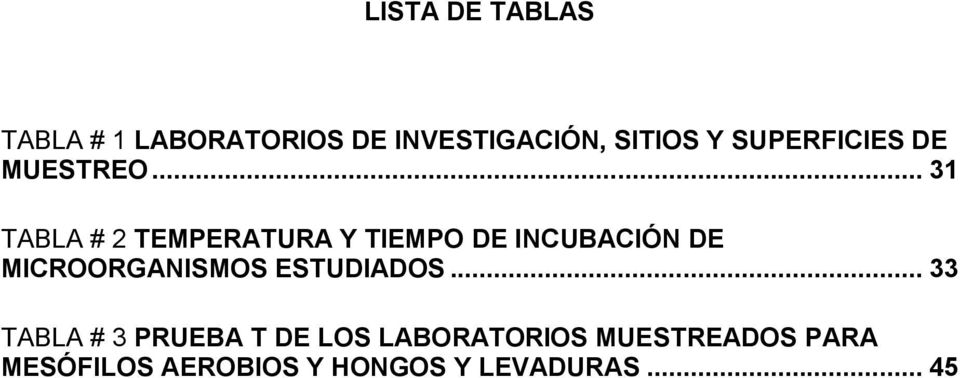 .. 31 TABLA # 2 TEMPERATURA Y TIEMPO DE INCUBACIÓN DE MICROORGANISMOS