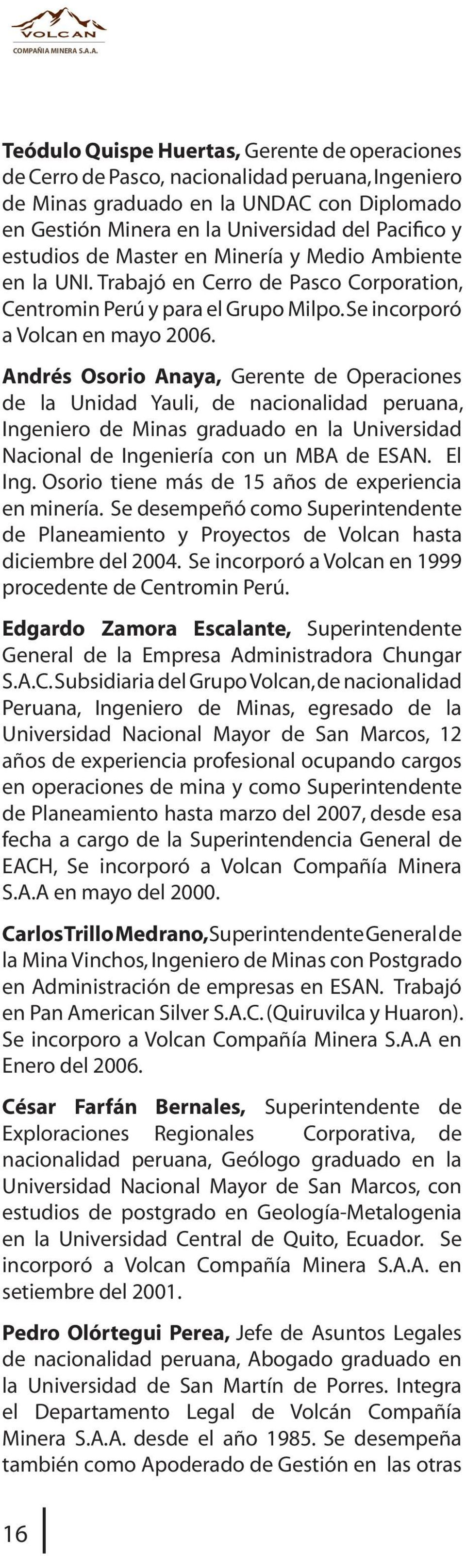 Pacifico y estudios de Master en Minería y Medio Ambiente en la UNI. Trabajó en Cerro de Pasco Corporation, Centromin Perú y para el Grupo Milpo. Se incorporó a Volcan en mayo 2006.