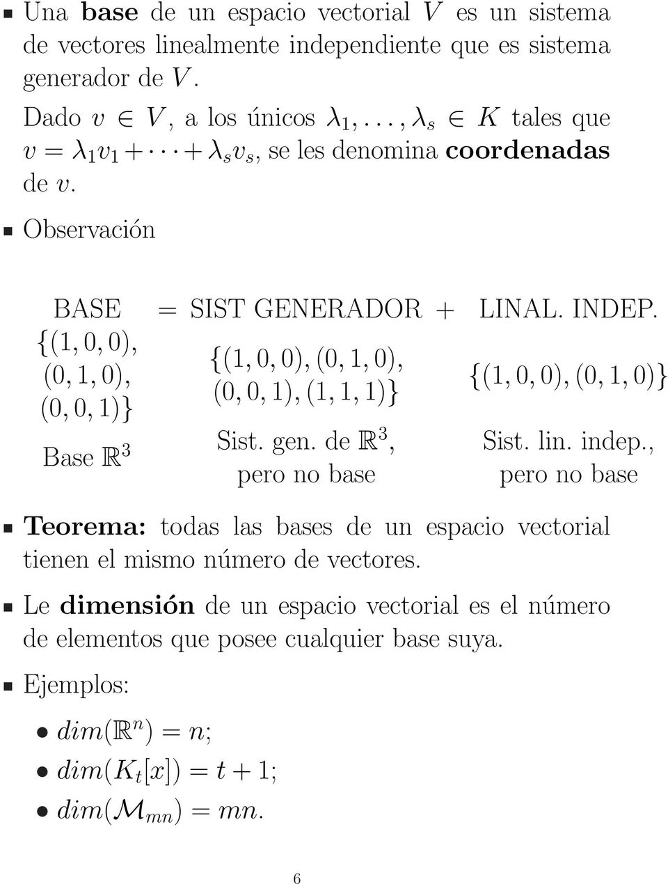 {(1, 0, 0), {(1, 0, 0), (0, 1, 0), (0, 1, 0), {(1, 0, 0), (0, 1, 0)} (0, 0, 1), (1, 1, 1)} (0, 0, 1)} Base R 3 Sist. gen. de R 3, pero no base Sist. lin. indep.