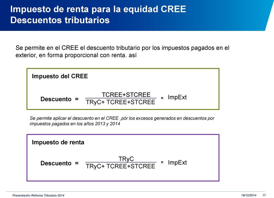 así Impuesto del CREE Descuento = TCREE+STCREE TRyC+ TCREE+STCREE * ImpExt Se permite aplicar el descuento en el
