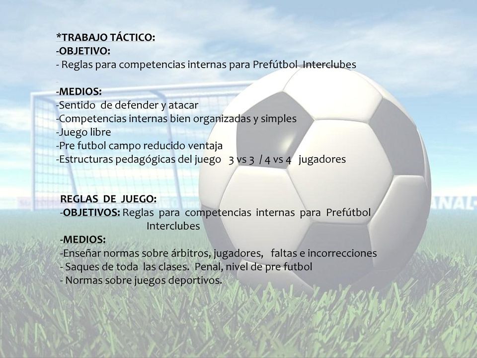 vs 3 / 4 vs 4 jugadores REGLAS DE JUEGO: -OBJETIVOS: Reglas para competencias internas para Prefútbol Interclubes -MEDIOS: -Enseñar