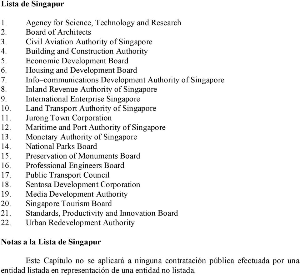 Land Transport Authority of Singapore 11. Jurong Town Corporation 12. Maritime and Port Authority of Singapore 13. Monetary Authority of Singapore 14. National Parks Board 15.