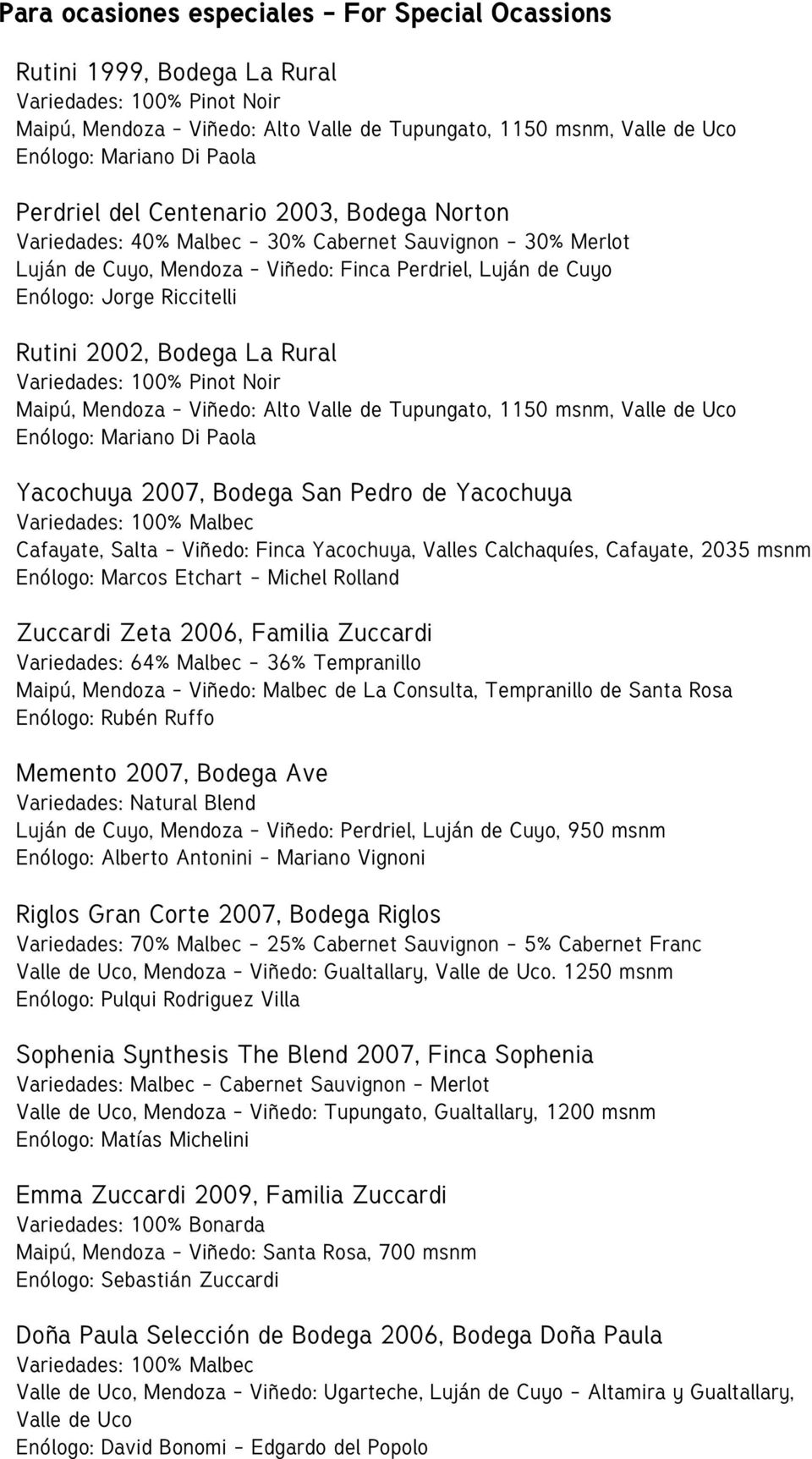 Rutini 2002, Bodega La Rural Variedades: 100% Pinot Noir Maipú, Mendoza - Viñedo: Alto Valle de Tupungato, 1150 msnm, Valle de Uco Enólogo: Mariano Di Paola Yacochuya 2007, Bodega San Pedro de