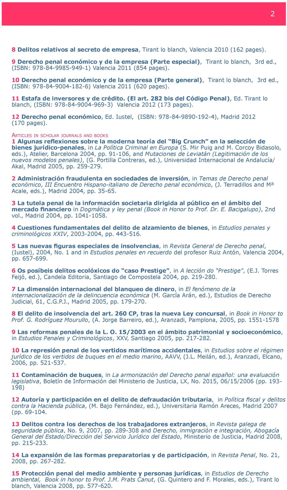 11 Estafa de inversores y de crédito. (El art. 282 bis del Código Penal), Ed. Tirant lo blanch, (ISBN: 978-84-9004-969-3) Valencia 2012 (173 pages). 12 Derecho penal económico, Ed.
