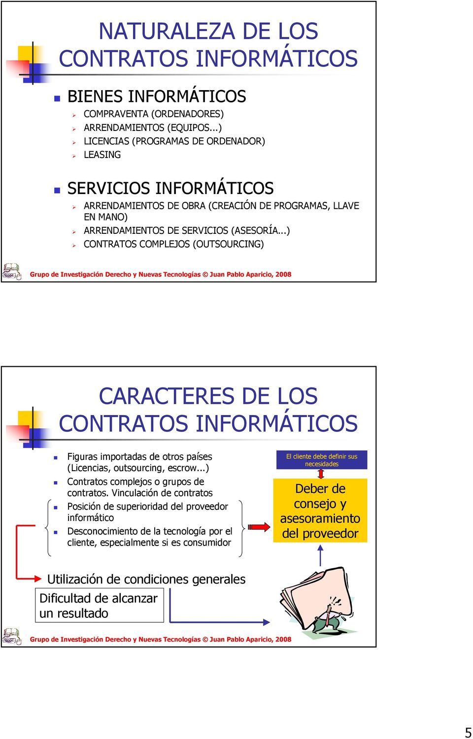 ..) CONTRATOS COMPLEJOS (OUTSOURCING) CARACTERES DE LOS CONTRATOS INFORMÁTICOS Figuras importadas de otros países (Licencias, outsourcing, escrow...) Contratos complejos o grupos de contratos.