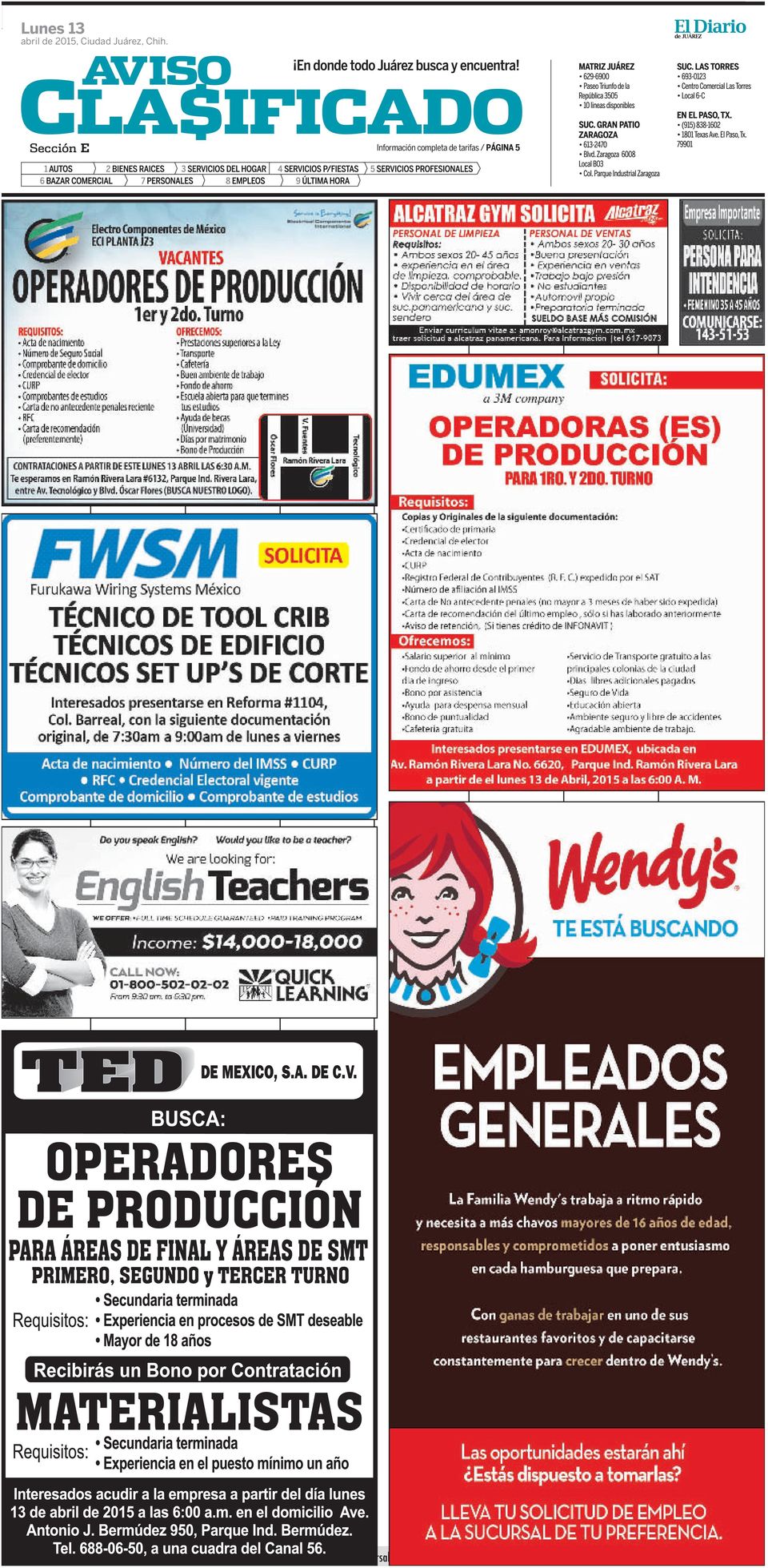 El Diario de Juárez Sección E Información pleta de tarifas /
