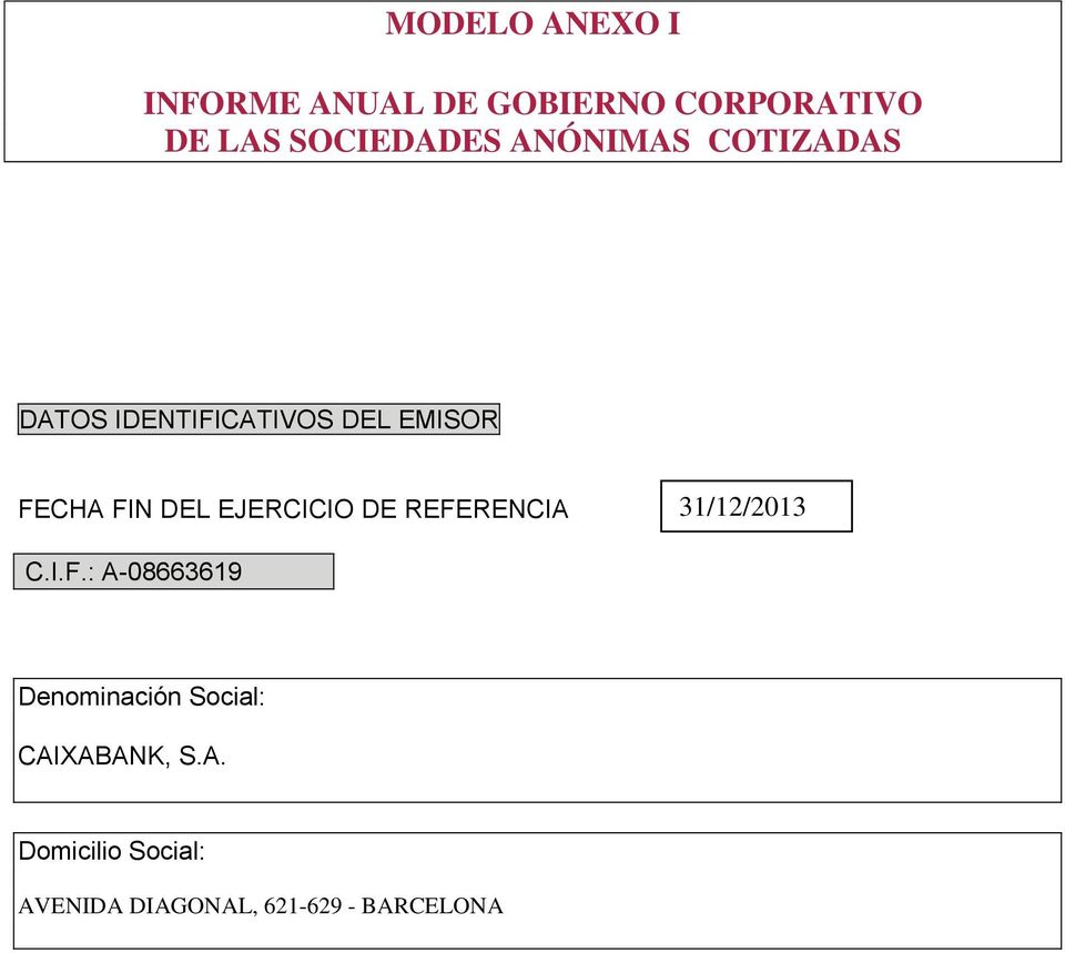 EJERCICIO DE REFERENCIA 31/12/2013 C.I.F.: A-08663619 Denominación Social: CAIXABANK, S.