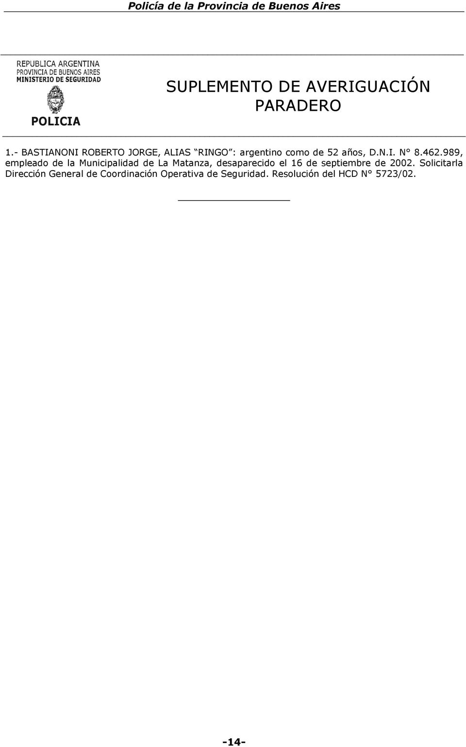 989, empleado de la Municipalidad de La Matanza, desaparecido el 16 de septiembre de 2002.