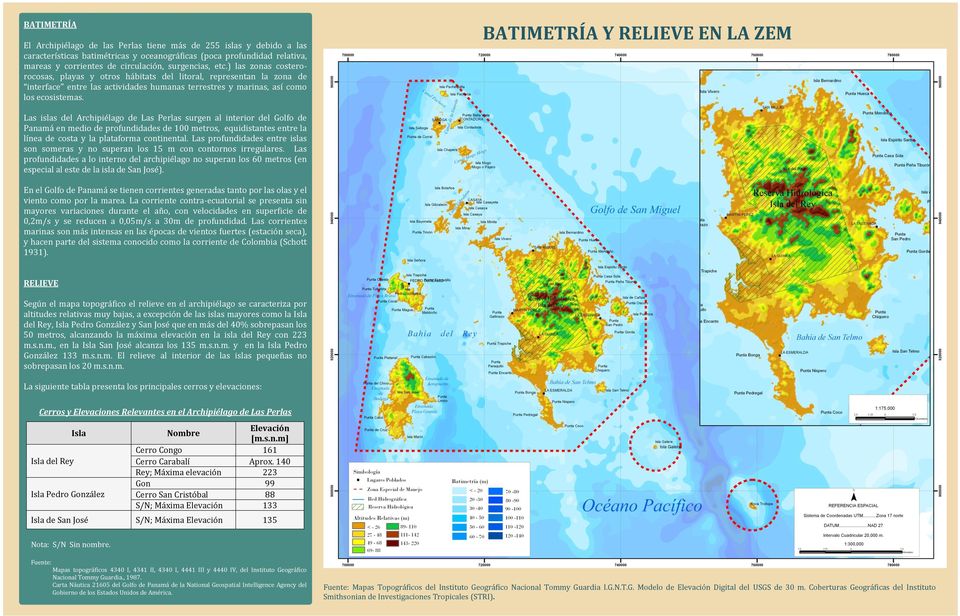 BATIMETRÍA Y RELIEVE EN LA ZEM Las islas del Archipiélago de Las Perlas surgen al interior del Golfo de Panamá en medio de profundidades de 100 metros, equidistantes entre la línea de costa y la