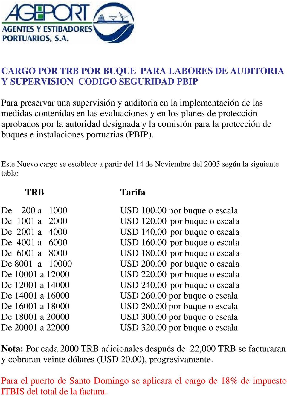 Este Nuevo cargo se establece a partir del 14 de Noviembre del 2005 según la siguiente tabla: TRB Tarifa De 200 a 1000 USD 100.00 por buque o escala De 1001 a 2000 USD 120.
