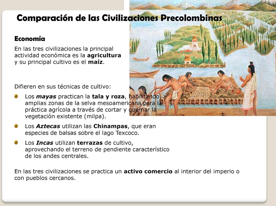 quemar la vegetación existente (milpa). Los Aztecas utilizan las Chinampas, que eran especies de balsas sobre el lago Texcoco.