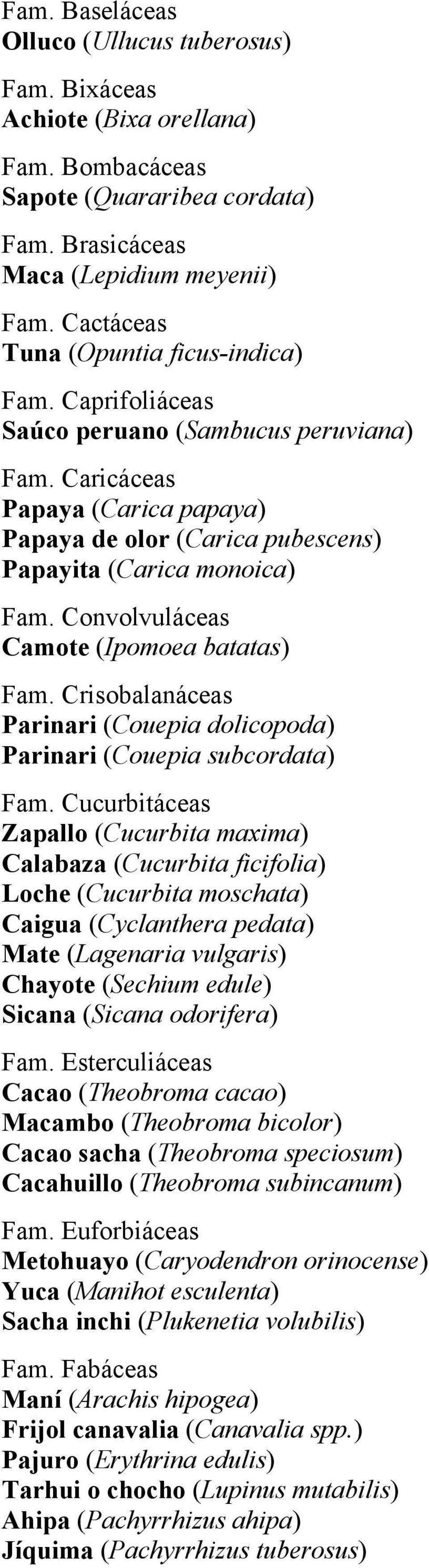 Convolvuláceas Camote (Ipomoea batatas) Fam. Crisobalanáceas Parinari (Couepia dolicopoda) Parinari (Couepia subcordata) Fam.