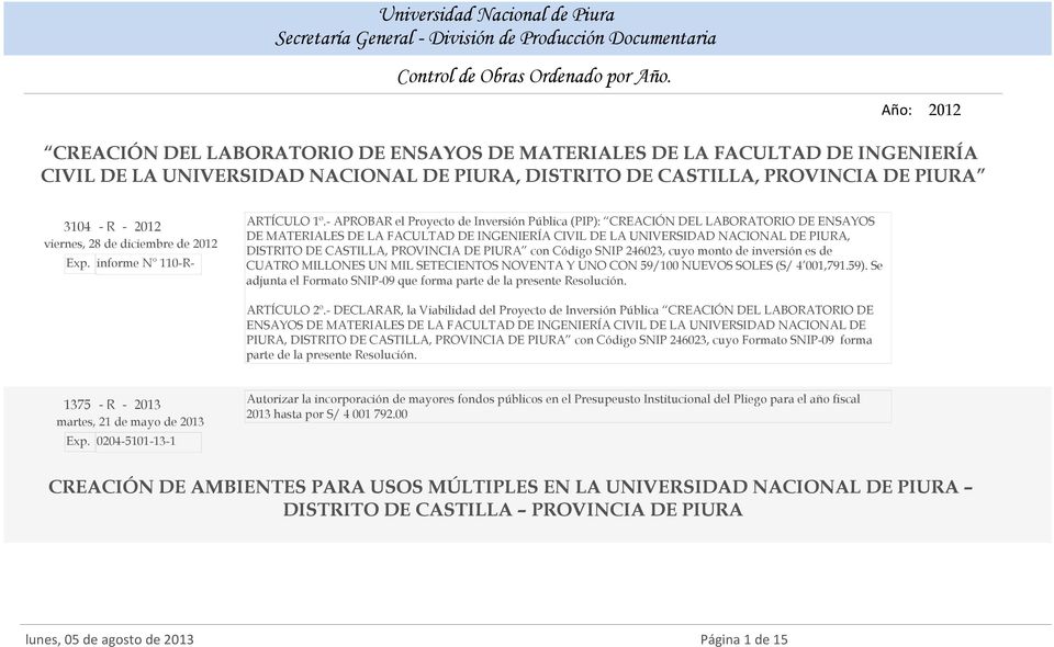 de diciembre de 2012 Exp. informe N 110-R- ARTÍCULO 1º.