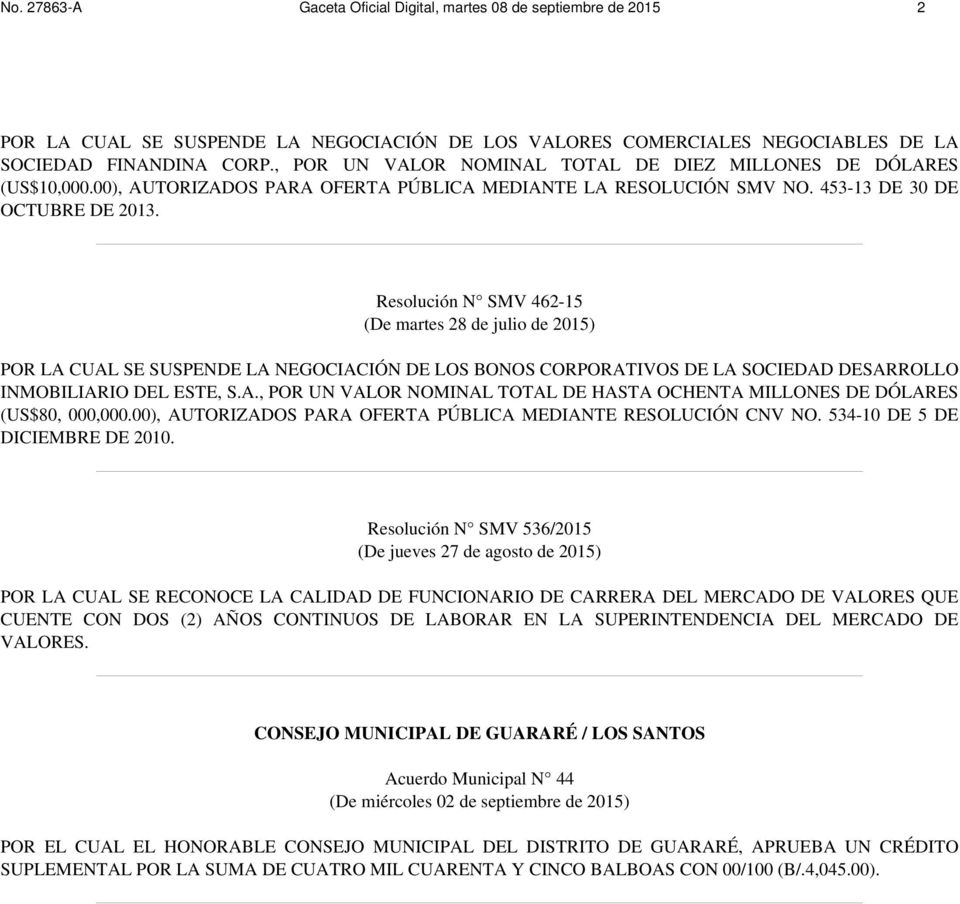 Resolución N SMV 462-15 (De martes 28 de julio de 2015) POR LA CUAL SE SUSPENDE LA NEGOCIACIÓN DE LOS BONOS CORPORATIVOS DE LA SOCIEDAD DESARROLLO INMOBILIARIO DEL ESTE, S.A., POR UN VALOR NOMINAL TOTAL DE HASTA OCHENTA MILLONES DE DÓLARES (US$80, 000,000.