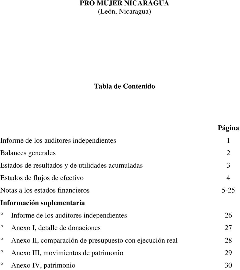 Información suplementaria Informe de los auditores independientes 26 Anexo I, detalle de donaciones 27 Anexo