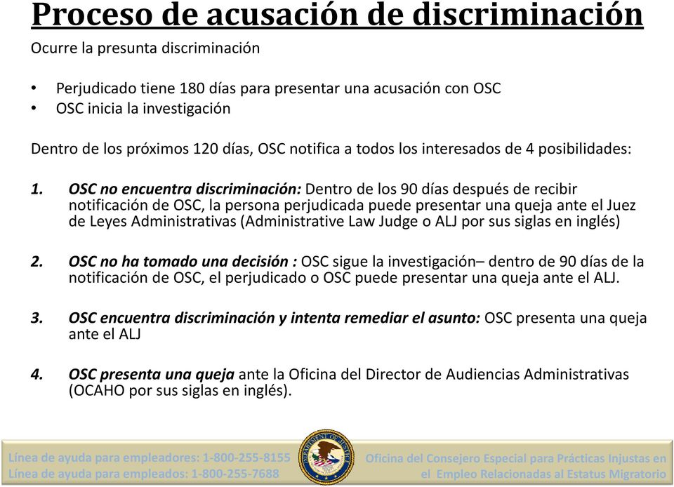OSC no encuentra discriminación: Dentro de los 90 días después de recibir notificación de OSC, la persona perjudicada puede presentar una queja ante el Juez de Leyes Administrativas (Administrative
