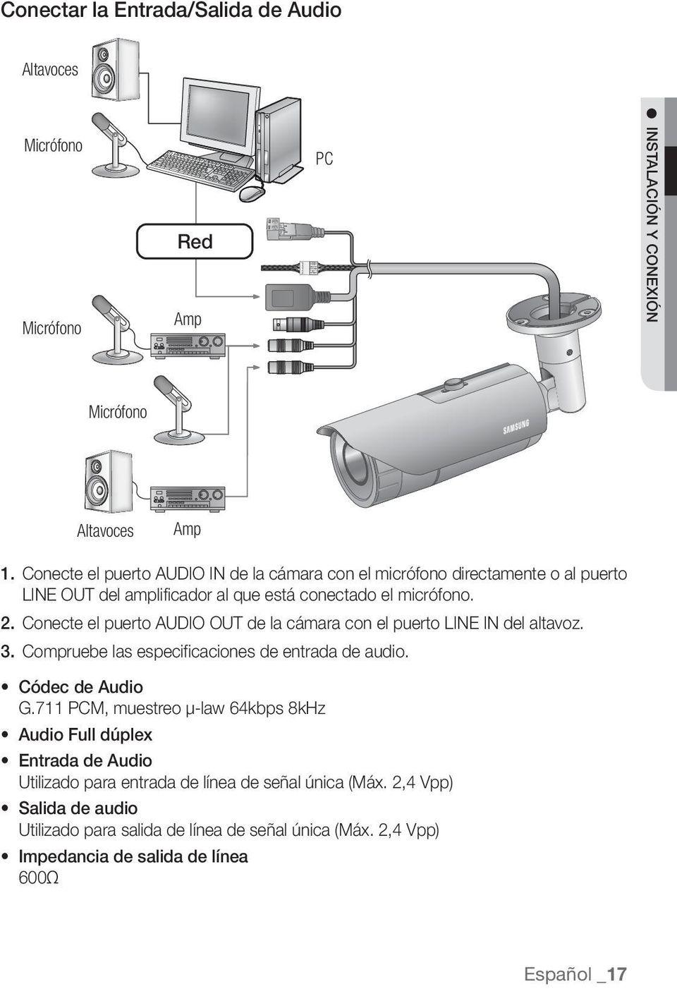 Conecte el puerto AUDIO OUT de la cámara con el puerto LINE IN del altavoz. 3. Compruebe las especificaciones de entrada de audio. Códec de Audio G.