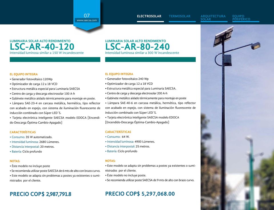 LSC-AR-80-240 Intensidad luminosa similar a 300 W incandescente EL EQUIPO INTEGRA Generador fotovoltaico 120Wp Optimizador de carga 12 a 18 VCD Estructura metálica especial para Luminaria SAECSA