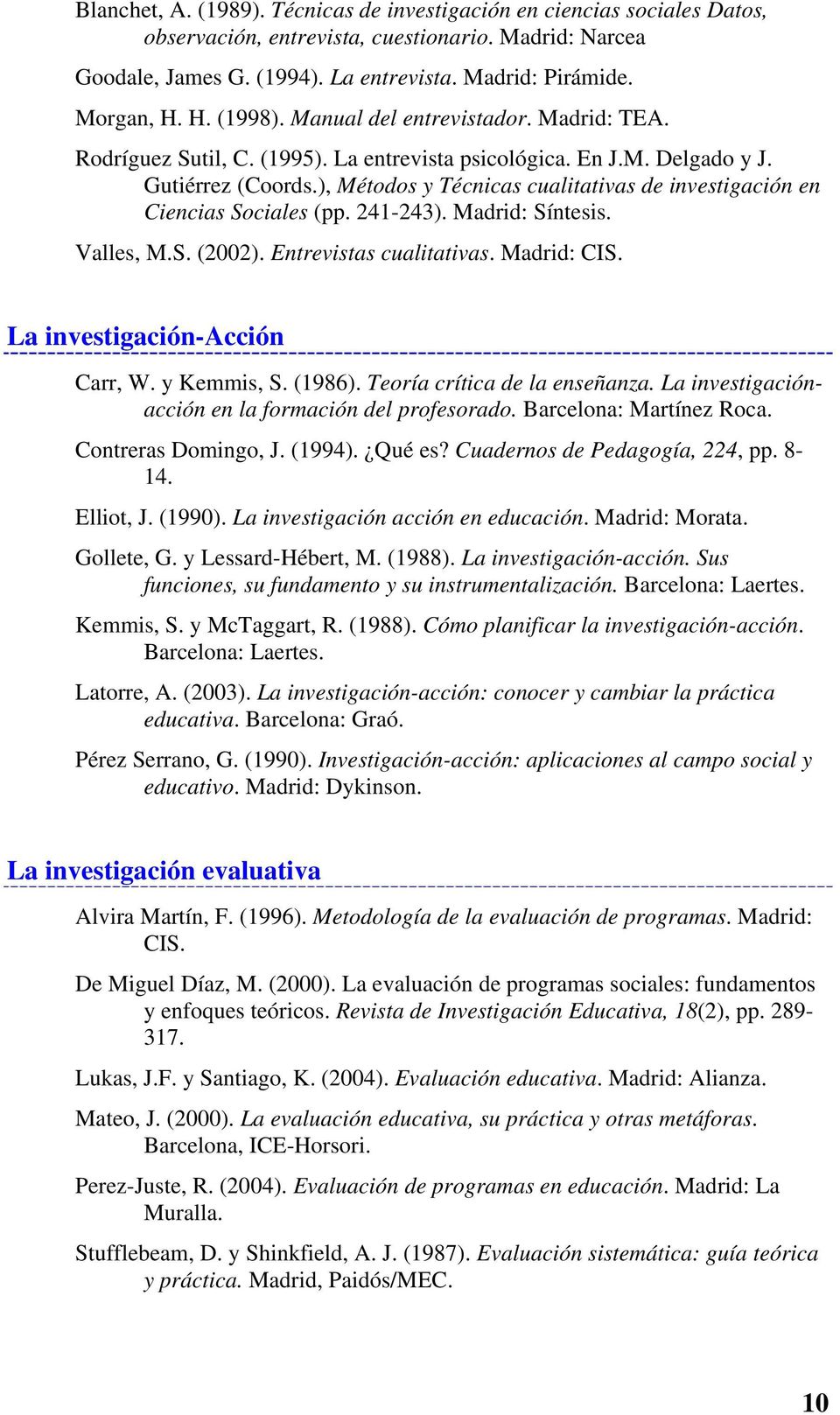 ), Métodos y Técnicas cualitativas de investigación en Ciencias Sociales (pp. 241-243). Madrid: Síntesis. Valles, M.S. (2002). Entrevistas cualitativas. Madrid: CIS. La investigación-acción Carr, W.