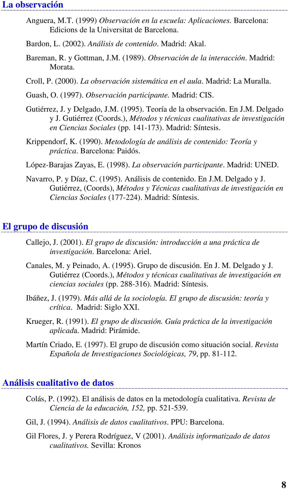 Madrid: CIS. Gutiérrez, J. y Delgado, J.M. (1995). Teoría de la observación. En J.M. Delgado y J. Gutiérrez (Coords.), Métodos y técnicas cualitativas de investigación en Ciencias Sociales (pp.