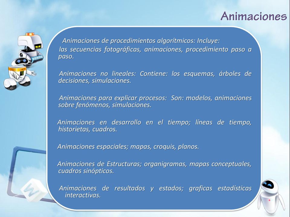 Animaciones para explicar procesos: Son: modelos, animaciones sobre fenómenos, simulaciones.
