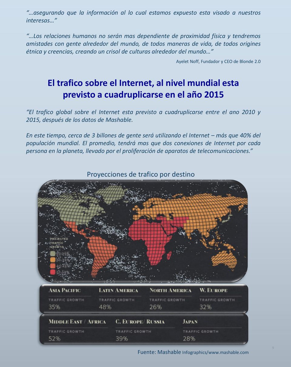 0 El trafico sobre el Internet, al nivel mundial esta previsto a cuadruplicarse en el año 2015 El trafico global sobre el Internet esta previsto a cuadruplicarse entre el ano 2010 y 2015, después de