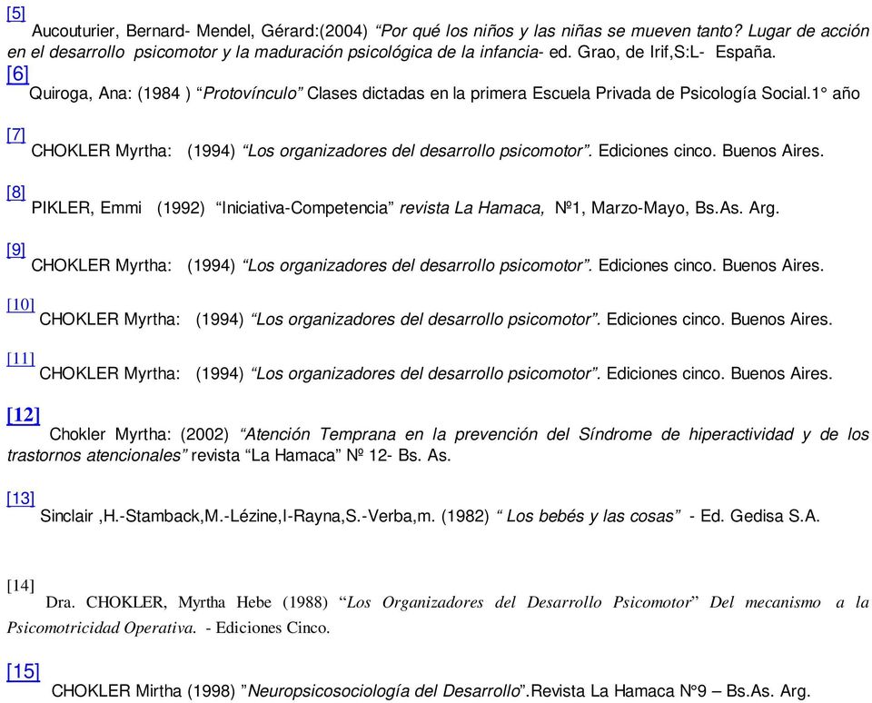 1 año [7] CHOKLER Myrtha: (1994) Los organizadores del desarrollo psicomotor. Ediciones cinco. Buenos Aires. [8] PIKLER, Emmi (1992) Iniciativa-Competencia revista La Hamaca, Nº1, Marzo-Mayo, Bs.As.