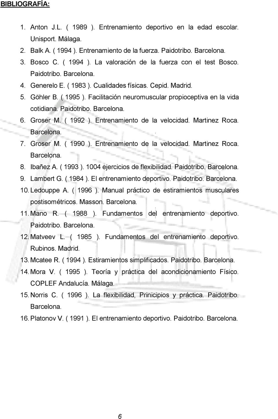 Groser M. ( 1992 ). Entrenamiento de la velocidad. Martinez Roca. Barcelona. 7. Groser M. ( 1990 ). Entrenamiento de la velocidad. Martinez Roca. Barcelona. 8. Ibañez A. ( 1993 ).