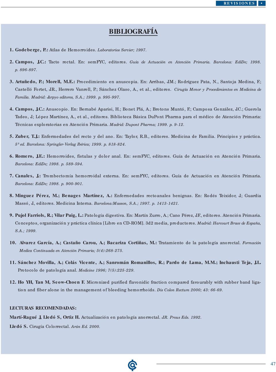 ; Sánchez Olaso, A., et al., editores. Cirugía Menor y Procedimientos en Medicina de Familia. Madrid: Jarpyo editores, S.A.; 1999. p. 995-997. 4. Campos, J.C.: Anuscopio. En: Bernabé Aparisi, H.