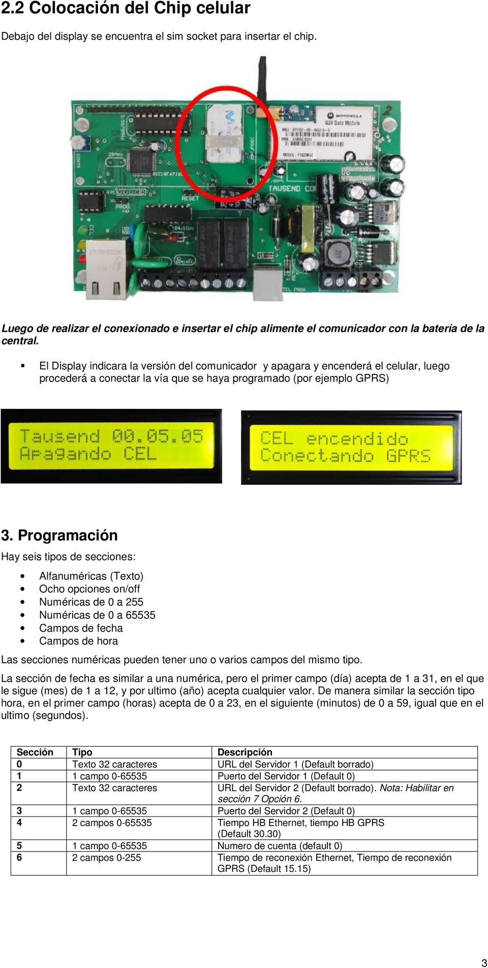 El Display indicara la versión del comunicador y apagara y encenderá el celular, luego procederá a conectar la vía que se haya programado (por ejemplo GPRS) 3.
