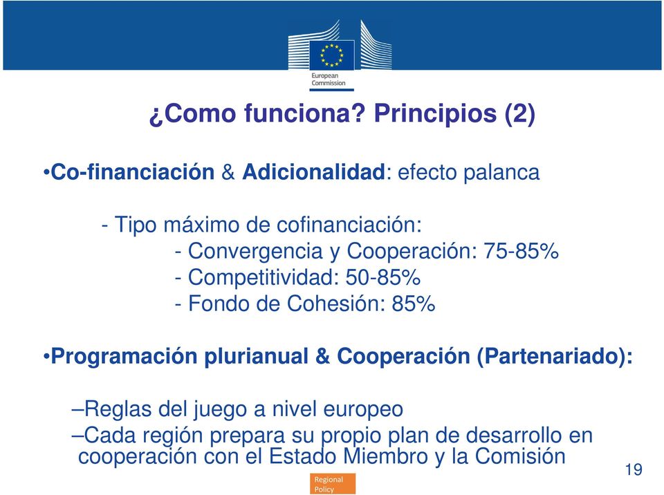 - Convergencia y Cooperación: 75-85% - Competitividad: 50-85% - Fondo de Cohesión: 85%