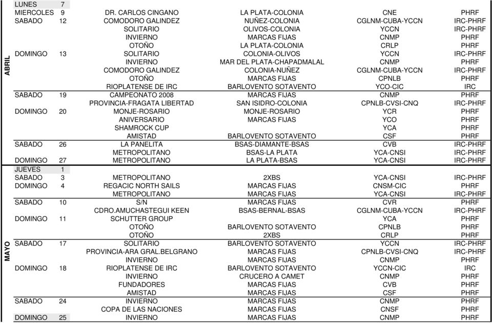 PLATA-COLONIA CRLP PHRF DOMINGO 13 SOLITARIO COLONIA-OLIVOS YCCN IRC-PHRF INVIERNO MAR DEL PLATA-CHAPADMALAL CNMP PHRF COMODORO GALINDEZ COLONIA-NUÑEZ CGLNM-CUBA-YCCN IRC-PHRF OTOÑO MARCAS FIJAS