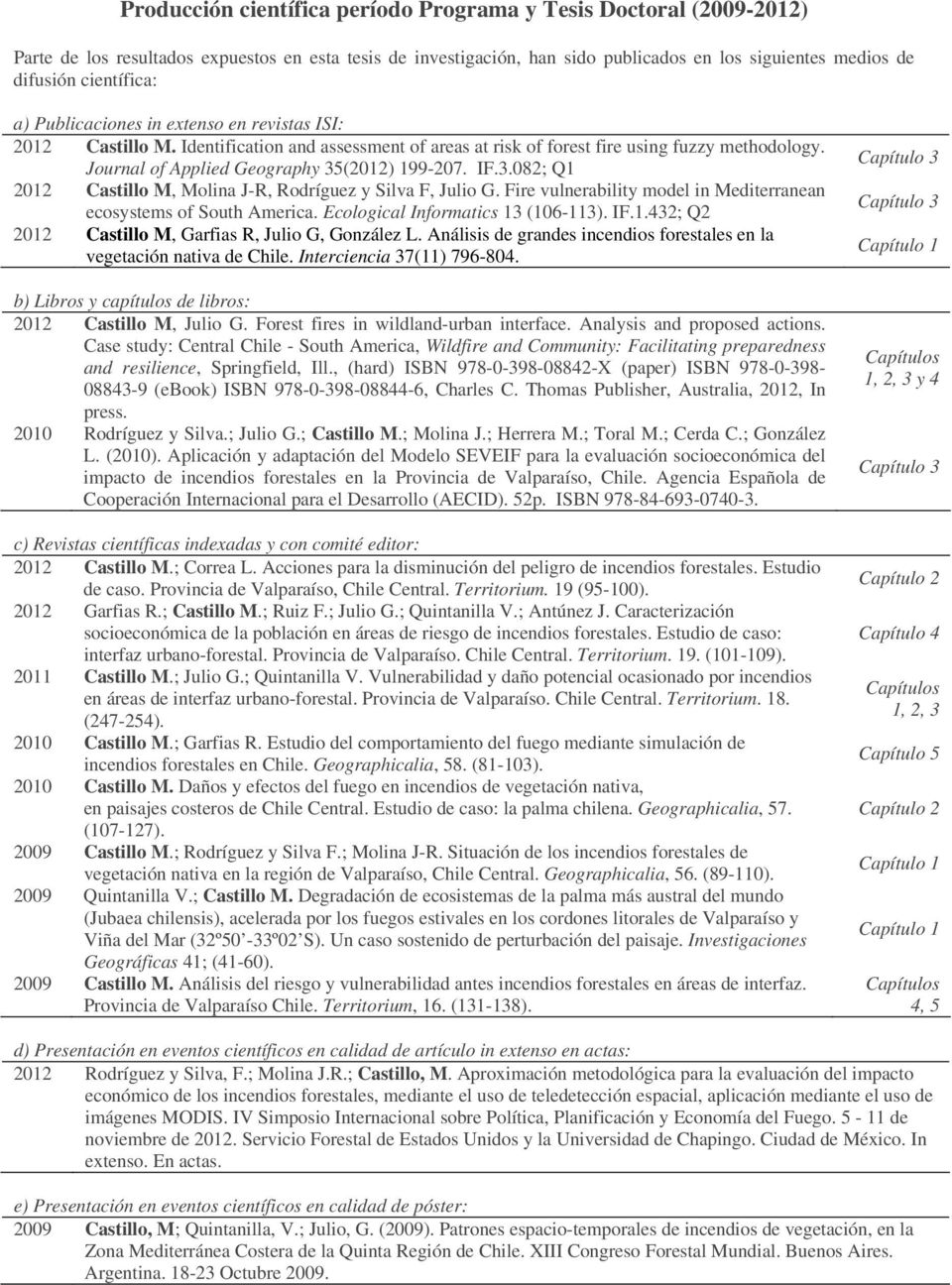 Journal of Applied Geography 35(2012) 199-207. IF.3.082; Q1 2012 Castillo M, Molina J-R, Rodríguez y Silva F, Julio G. Fire vulnerability model in Mediterranean ecosystems of South America.